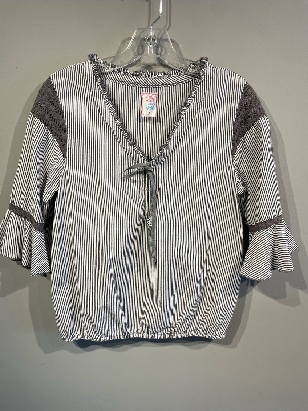 Free People Striped Tie-Front Crochet-Trim Top in White and Gray